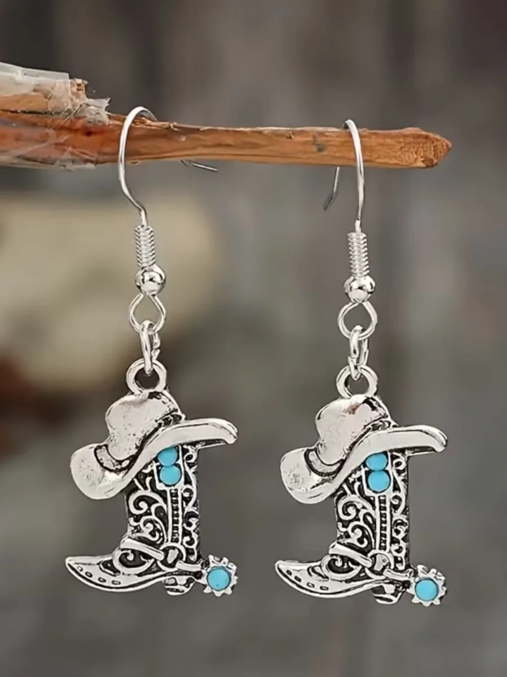 New Turquoise Accent Cowboy Boot & Hat Silver Earrings - Women Jewelry - Picture 1 of 1